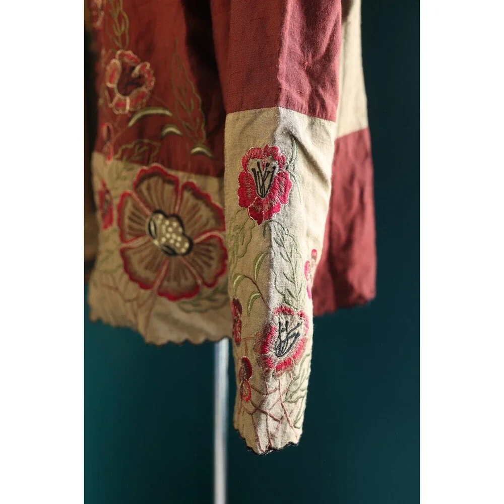 Vintage Liz Baker Metallic Floral Embroidered Lightweight Open Blazer Artsy L